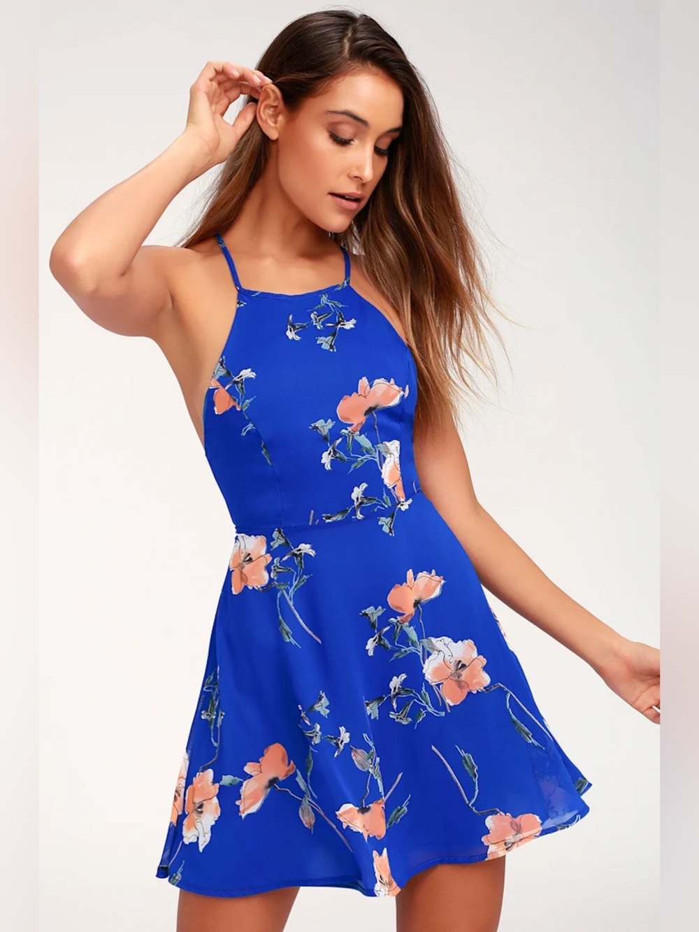 Cherished Moment Royal Blue Floral Print Lace-Up Skater Dress